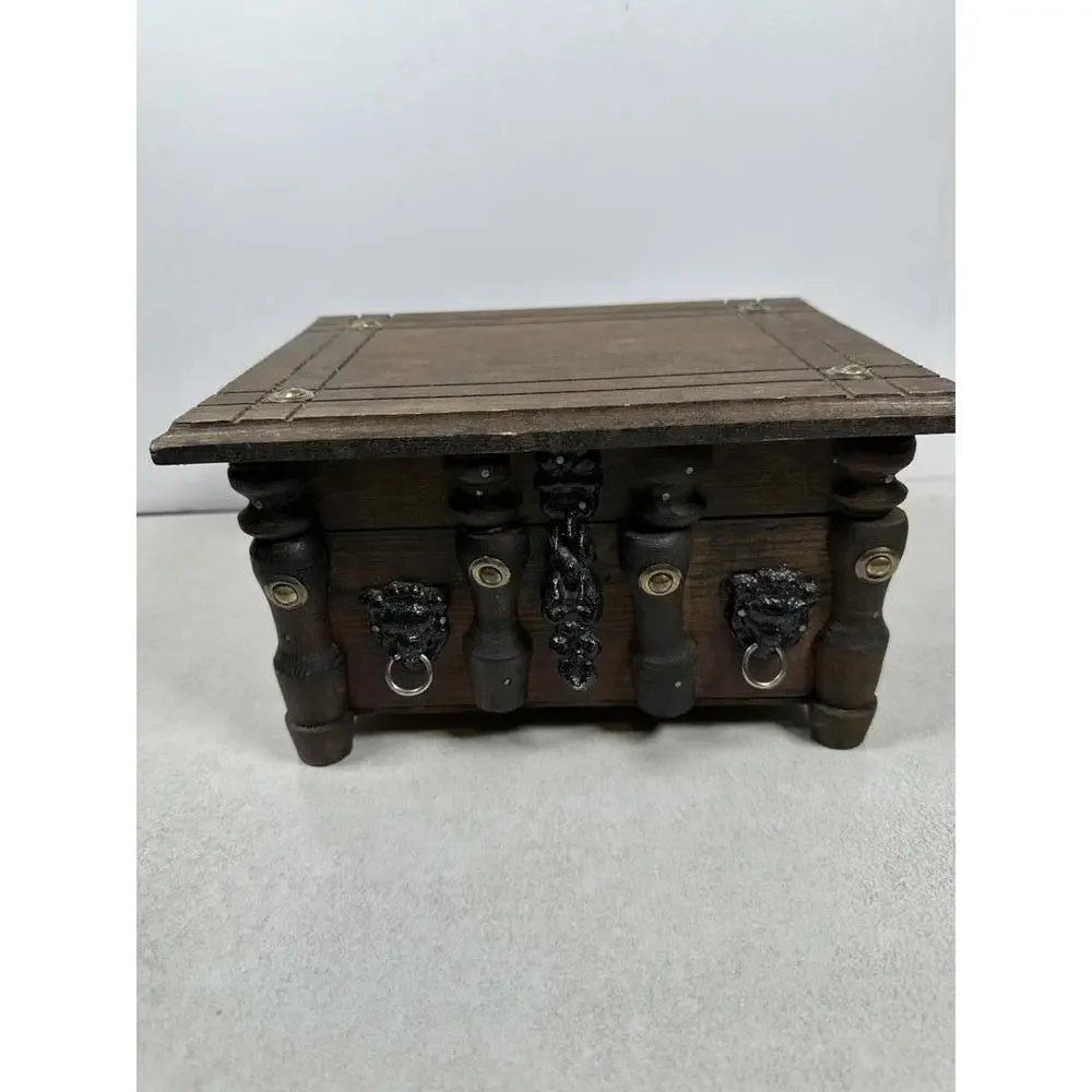 Vintage Wooden Jewelry Box With Lion Pulls Rustic Red Lined 10x7.75